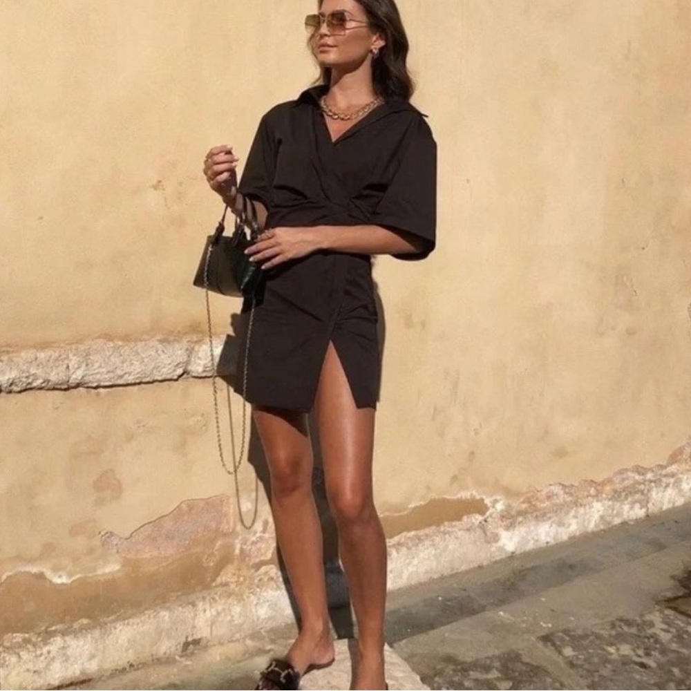 NWT ZARA BLACK POPLIN WRAP DRESS SIZE XS 0003/326/800